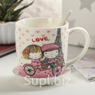 Кружка 320 мл "Влюбленные в Париже", с подставкой и ложкой, рисунок МИКС