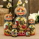Матрёшка «Снегири», чёрный платок, 5 кукольная, 15 см, люкс