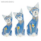 Сувенир дерево "Кошки синего цвета с цветком" набор 3 шт h=10, 12, 15 см