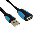 Удлинитель USB 2.0 (A-A), плоский, черный/голубой, 1.5м