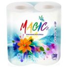бумажные полотенца, торговой марки
  «MAGIC» , белые, на гильзе, двухслойные, упаковано по 2шт.
50 отрывных листов с дополнительной перфорацией,     