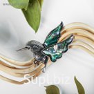 Брошь «Галиотис» колибри, цвет зелёный в чернёном серебре
