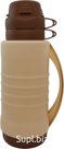 1.8L thermos with a glass flask and a mug-shaped lid. Size: 15.8 x 12.7 x 35.5 cm. Color: beige + brown.