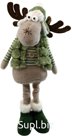 A soft toy deer in a fur vest stands. Color: green. Size: 18x13x46 cm.