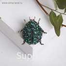 Брошь "Жучок", цвет зелёный в золоте
