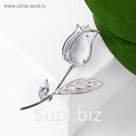 Брошь "Цветок" тюльпан, кошачий глаз, цвет серый в серебре
