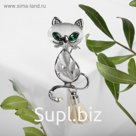 Брошь "Кошачий глаз" кошечка с кисточкой, цвет серо-зелёный в серебре