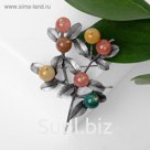 Брошь "Веточка" самоцветная, разноцветная в сером металле