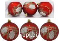3 Christmas tree balls, 8cm in diameter, fir branches, red